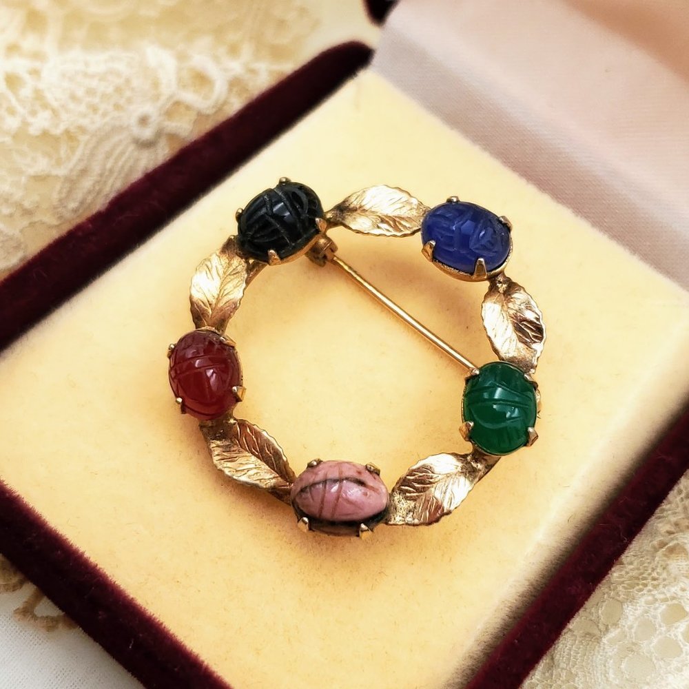 Vintage Scarab Beetle Brooch, Egyptian Mythology Jewelry Round Circle Wreath Pin